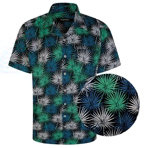 Bigdude Relaxed Collar Leaf Print Short Sleeve Shirt Green/Blue